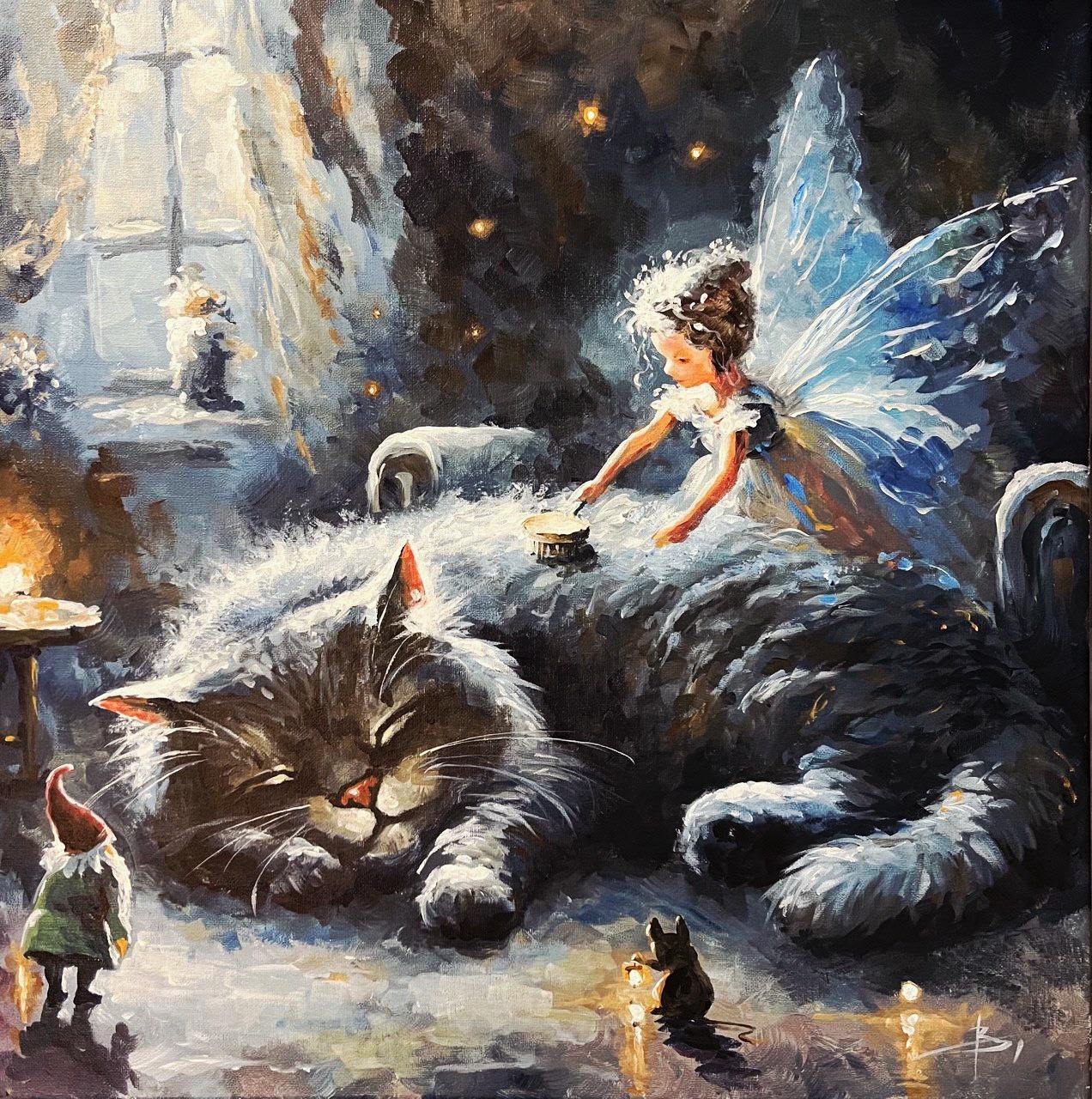 The Fairy and the Sleeping Cat — Original Acrylic Painting by Vincent Scurro